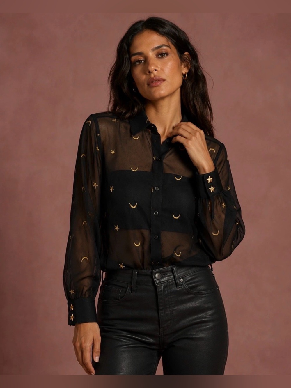 Vintage Baronesa Black Sheer Celestial Moon Star Button Blouse Size 6 Made USA